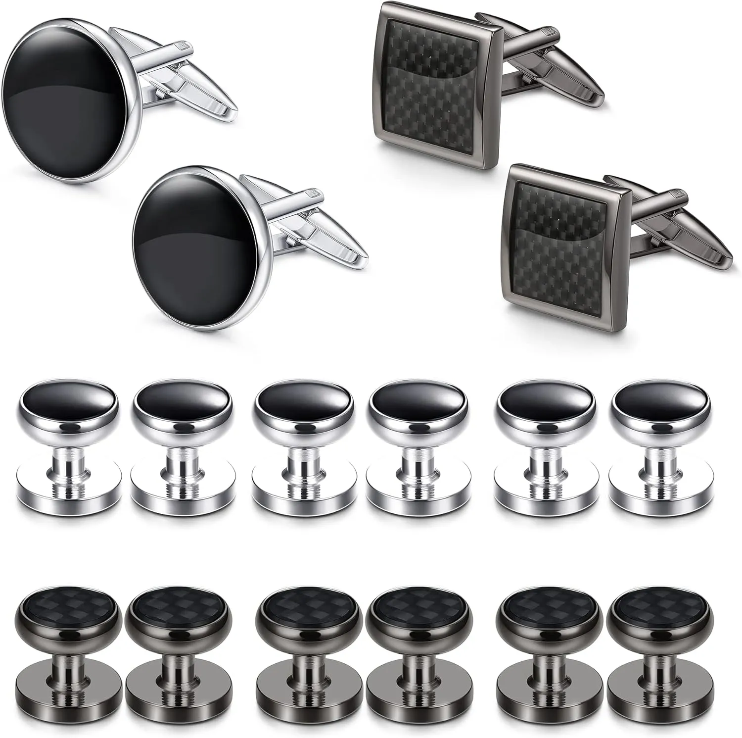 16 Pcs Cufflinks and Studs Set for Men Classic Tuxedo Shirt Cufflinks & Shirt Accessories Black&Silver Match for Business Wedding Formal Suit
