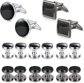 16 Pcs Cufflinks and Studs Set for Men Classic Tuxedo Shirt Cufflinks & Shirt Accessories Black&Silver Match for Business Wedding Formal Suit