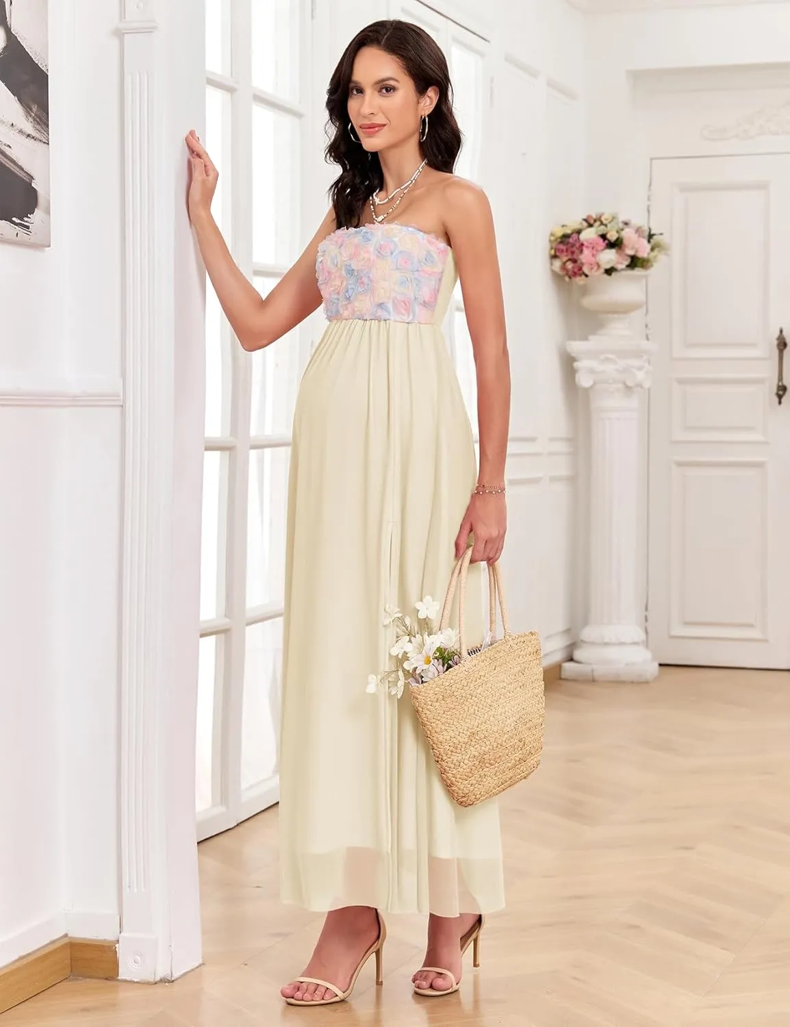 3D Floral Mesh Split Strapless Maternity Dress Tube A-Line Pregnancy Dresses Baby Shower Photoshoot