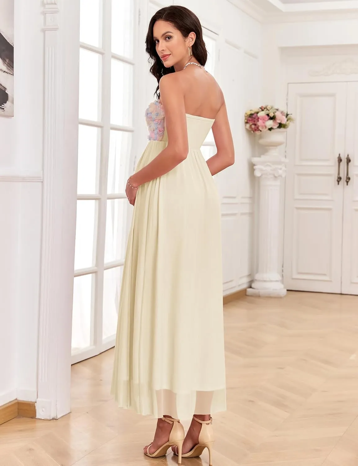 3D Floral Mesh Split Strapless Maternity Dress Tube A-Line Pregnancy Dresses Baby Shower Photoshoot