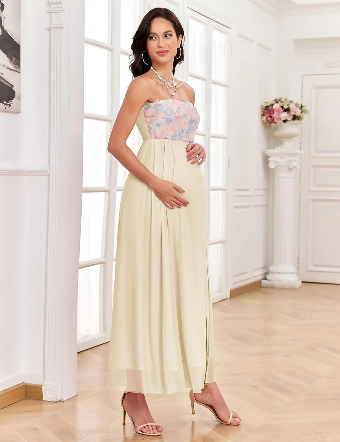 3D Floral Mesh Split Strapless Maternity Dress Tube A-Line Pregnancy Dresses Baby Shower Photoshoot