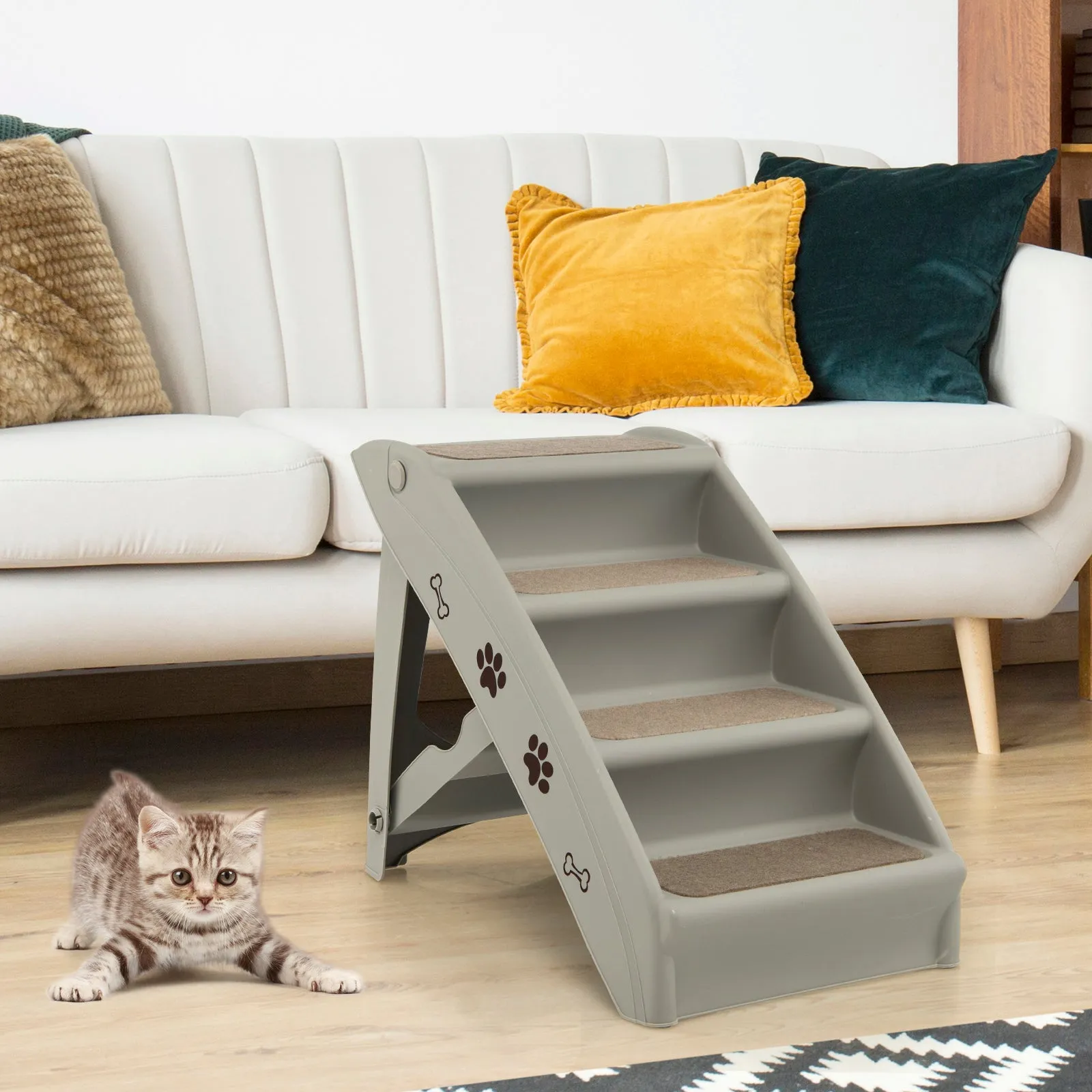 4-Step Pet Stairs with Non-slip Foot Pads-Grey