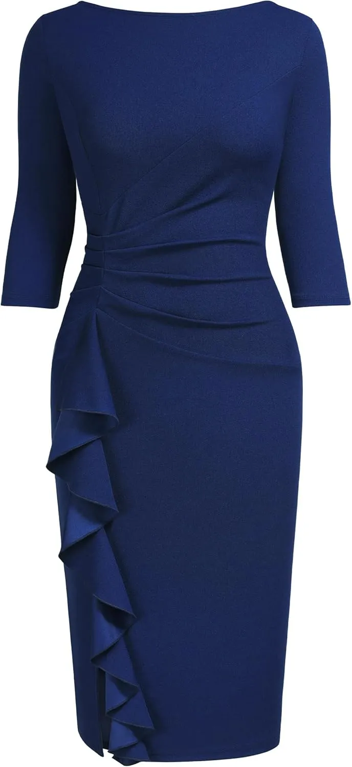 AISIZE Women's Retro 3/4 Sleeve Ruched Elegant Business Pencil Sheath Dress