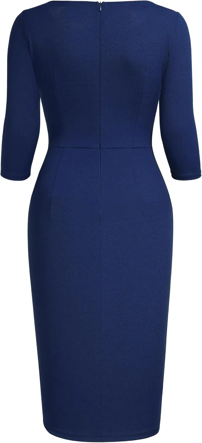 AISIZE Women's Retro 3/4 Sleeve Ruched Elegant Business Pencil Sheath Dress