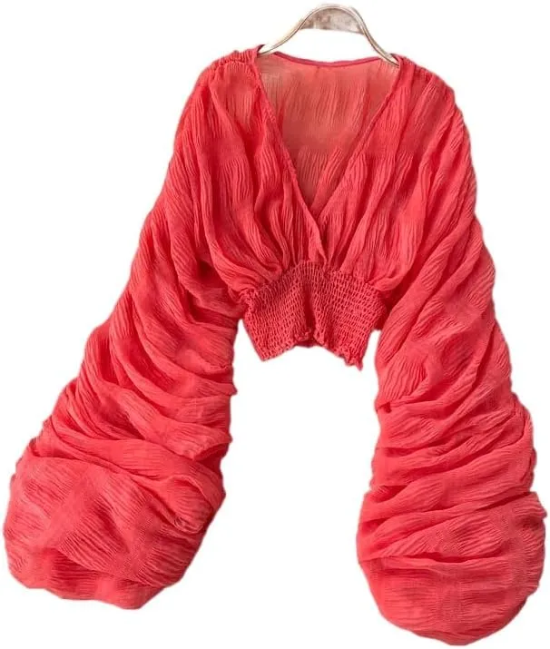 Bell Sleeve Tops for Women 70s Tops Dressy Tops for Evening Wear Tulle Blouses for Women Flare Balloon Sleeve