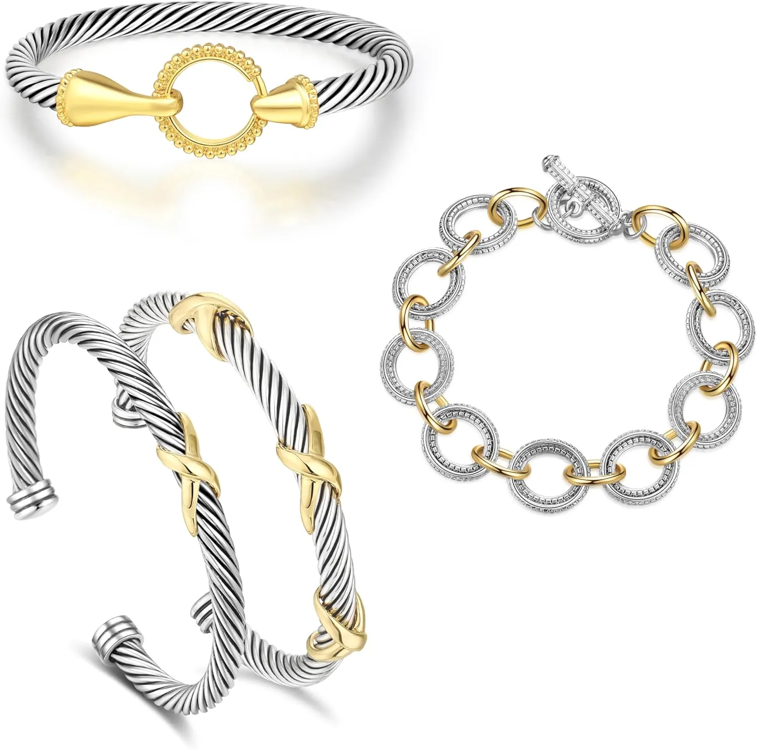 Cable Bracelets for Women - Stackable Two Tone Twisted Wire Cuff Bangle Set of 4