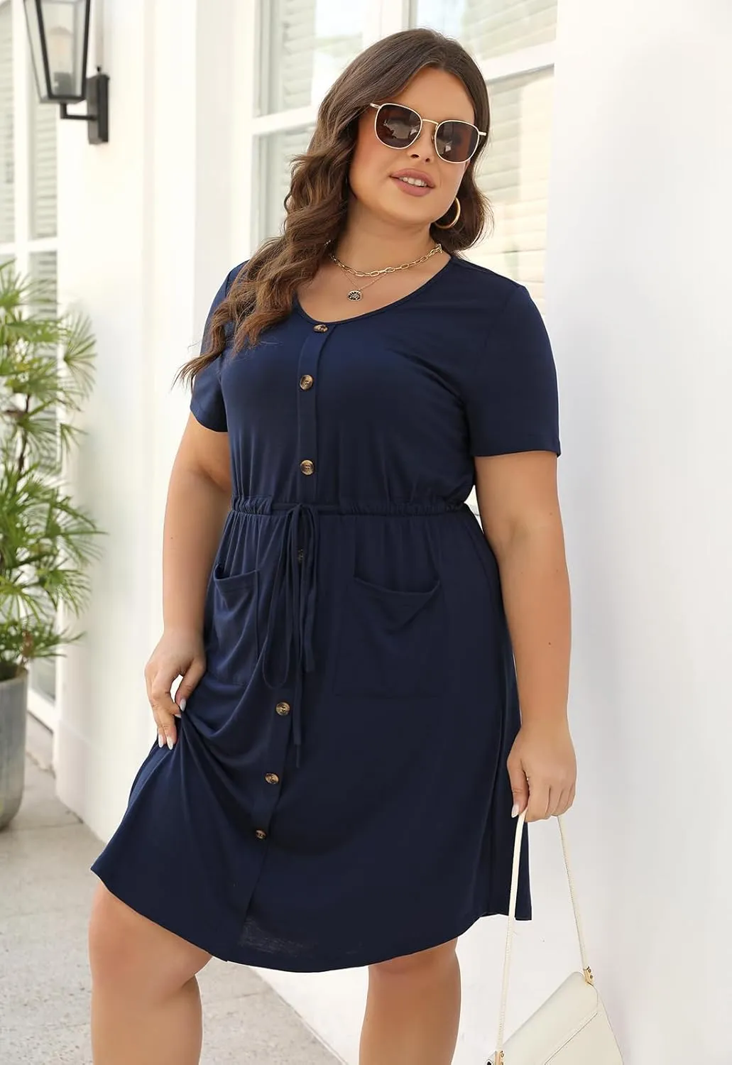 Celkuser Plus Size Summer Casual Midi Dresses for Women Short Sleeve V-Neck A-Line Dress with Belt and Pockets 2024