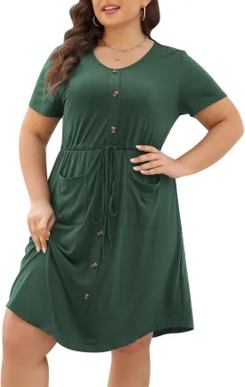 Celkuser Plus Size Summer Casual Midi Dresses for Women Short Sleeve V-Neck A-Line Dress with Belt and Pockets 2024