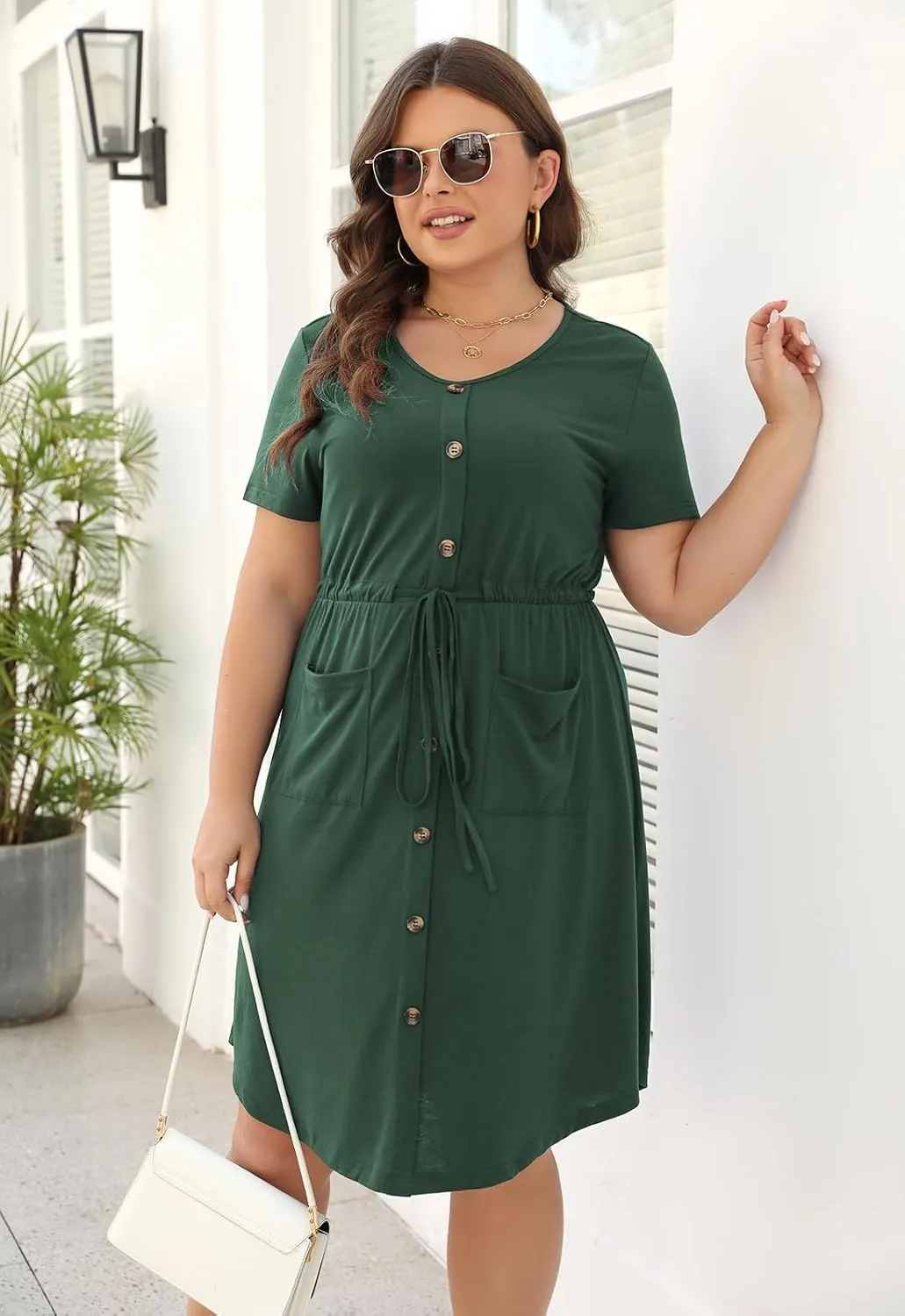 Celkuser Plus Size Summer Casual Midi Dresses for Women Short Sleeve V-Neck A-Line Dress with Belt and Pockets 2024