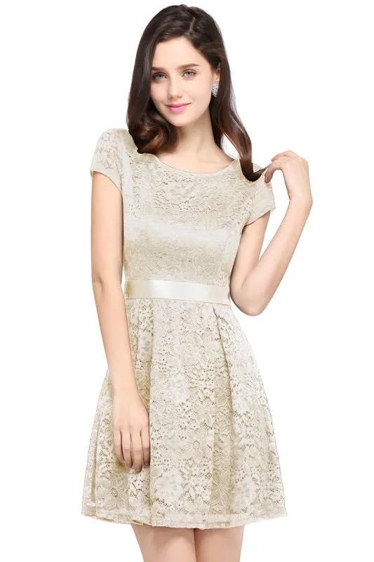 Chic Lace Mini Party Dress with Sash Cap Sleeves Short Formal Dress