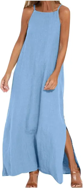 Cotton Linen Sundress for Women Summer Sleeveless Casual Loose Maxi Dress Lightweight Side Slit Cami Dresses