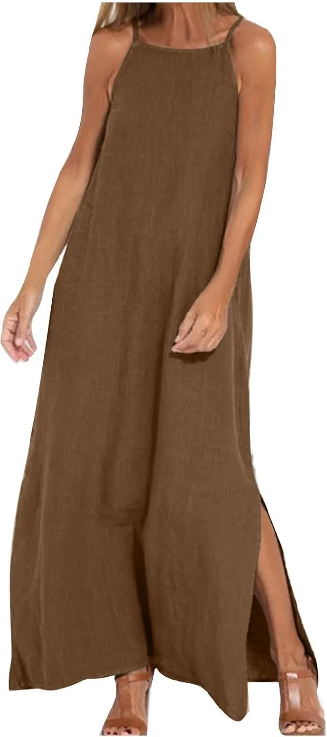 Cotton Linen Sundress for Women Summer Sleeveless Casual Loose Maxi Dress Lightweight Side Slit Cami Dresses