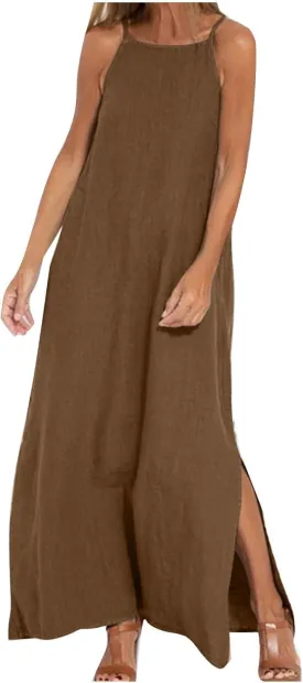 Cotton Linen Sundress for Women Summer Sleeveless Casual Loose Maxi Dress Lightweight Side Slit Cami Dresses