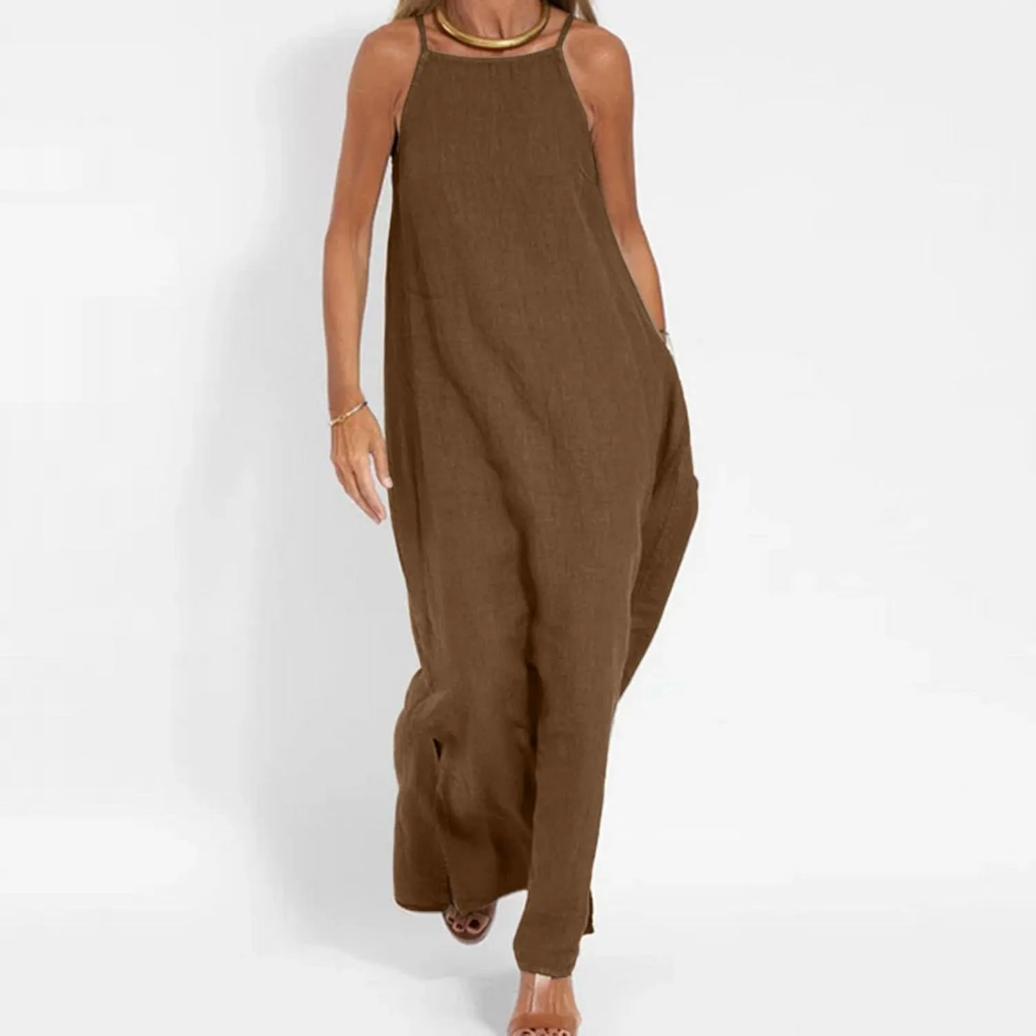 Cotton Linen Sundress for Women Summer Sleeveless Casual Loose Maxi Dress Lightweight Side Slit Cami Dresses