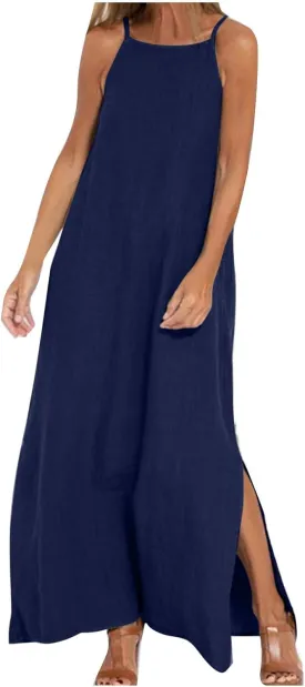 Cotton Linen Sundress for Women Summer Sleeveless Casual Loose Maxi Dress Lightweight Side Slit Cami Dresses