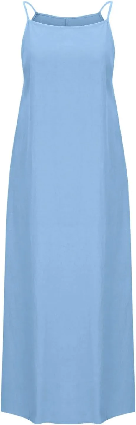 Cotton Linen Sundress for Women Summer Sleeveless Casual Loose Maxi Dress Lightweight Side Slit Cami Dresses