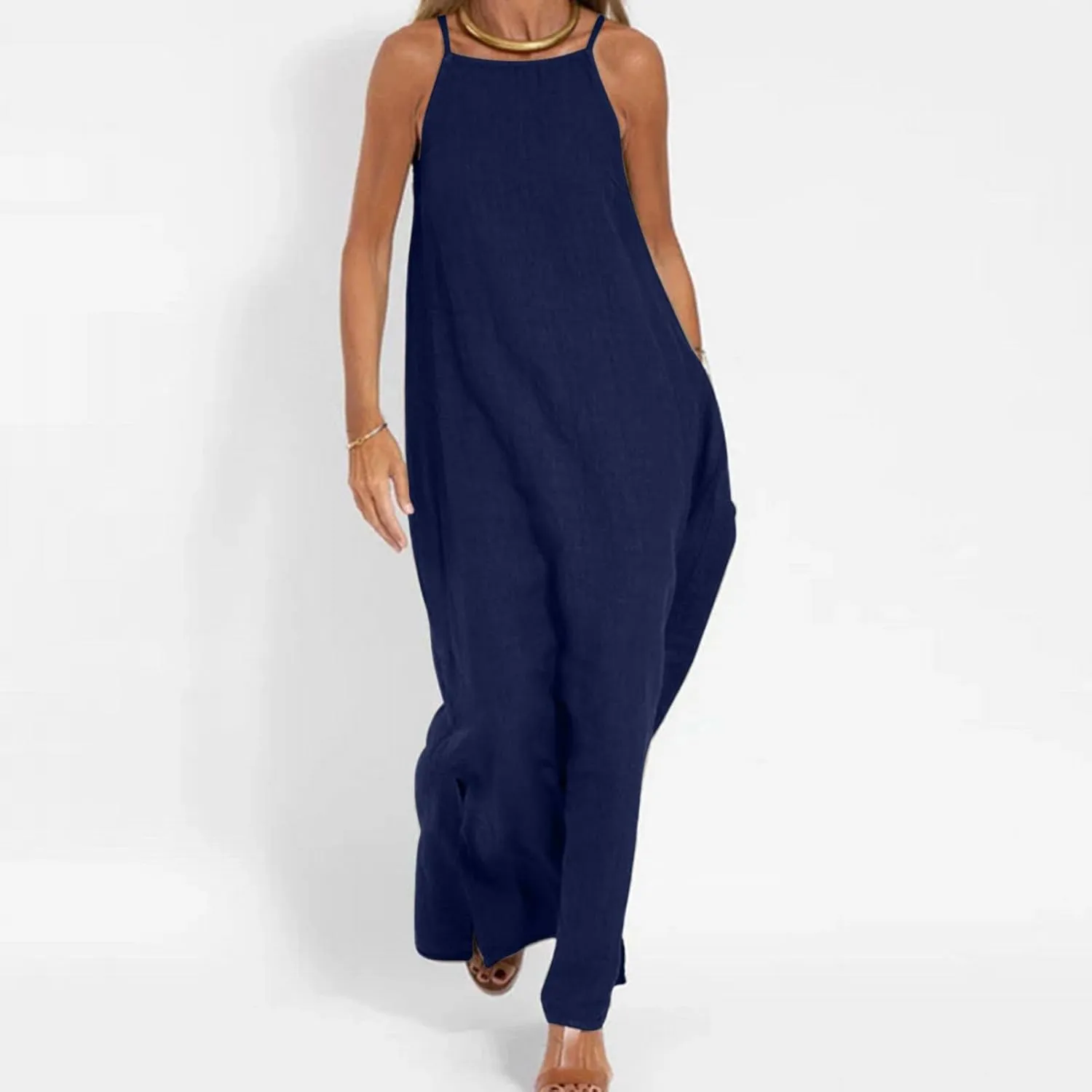Cotton Linen Sundress for Women Summer Sleeveless Casual Loose Maxi Dress Lightweight Side Slit Cami Dresses