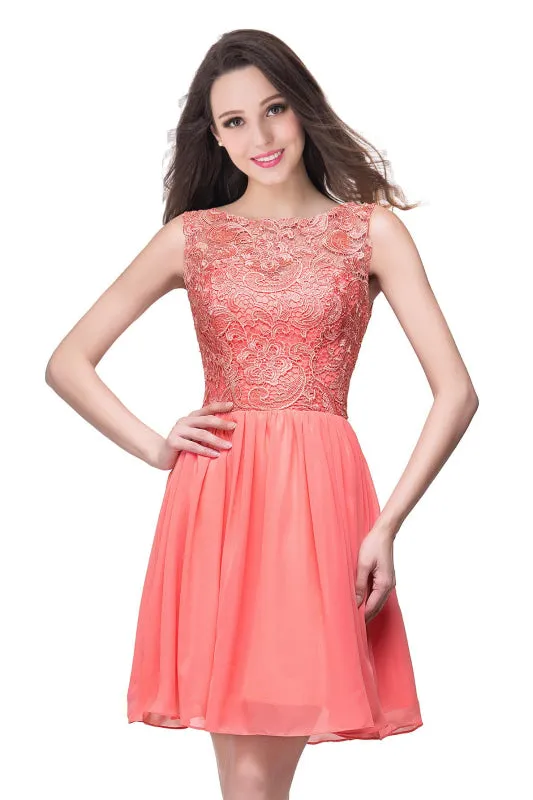 Elegant Sleeveless Chiffon Short Homecoming Dress Round Neck Floral Lace Mini Party Dress