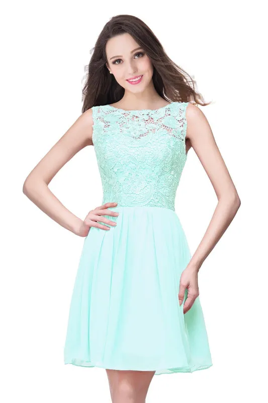 Elegant Sleeveless Chiffon Short Homecoming Dress Round Neck Floral Lace Mini Party Dress