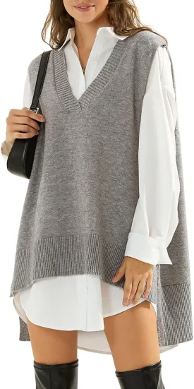 EXLURA Womens Oversized Sweater Vest Knit V Neck Tunic Casual Sleeveless Long Pullover Tank Tops Winter Spring Trendy 2025