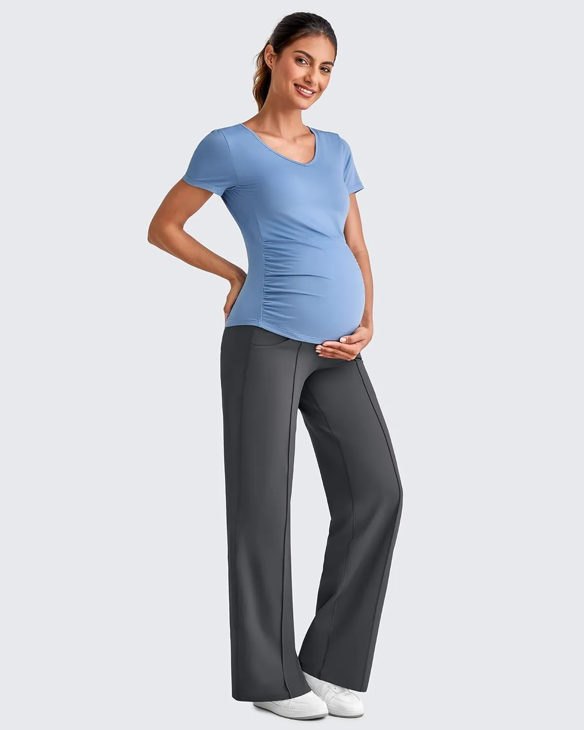 G4Free Maternity Dress Yoga Pants with Pockets Over The Belly Stretchy Work Slack Pregnancy Wide Leg Lounge Trousers