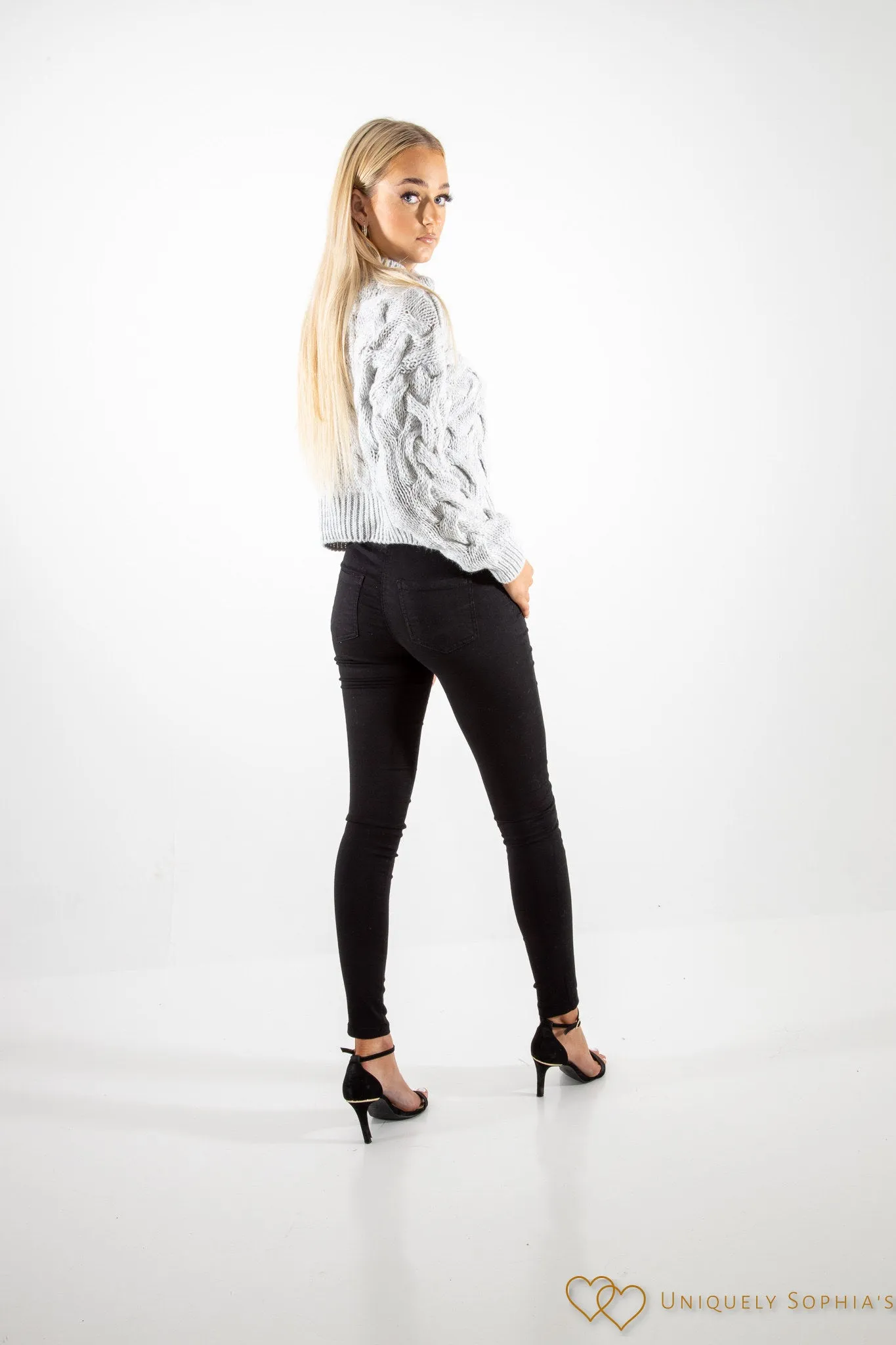 Grey high Neck Cable Knit Jumper