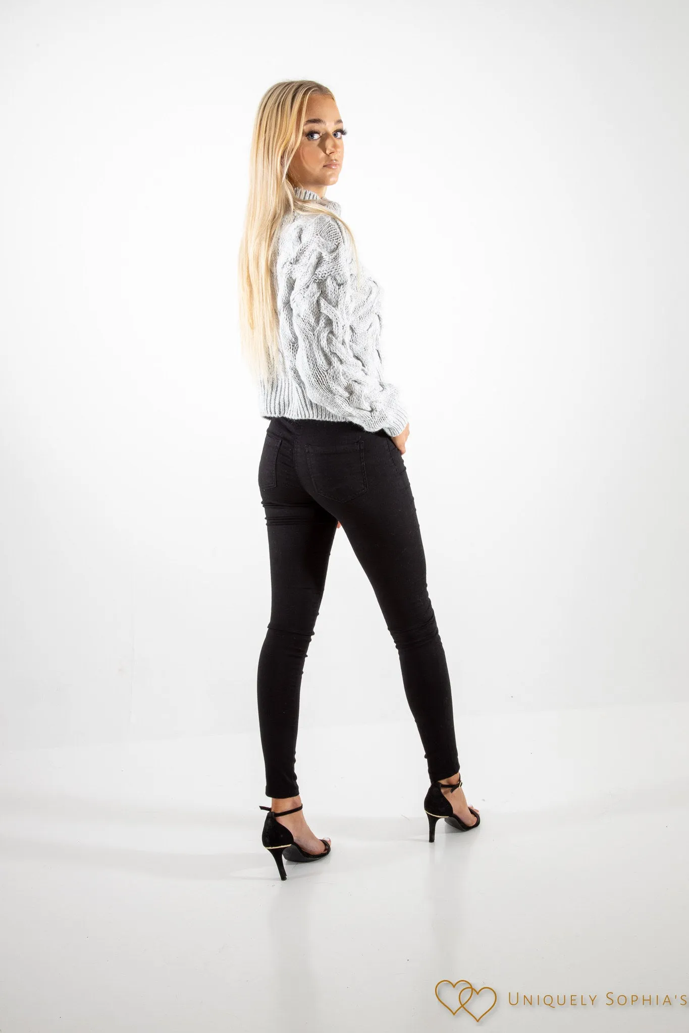 Grey high Neck Cable Knit Jumper