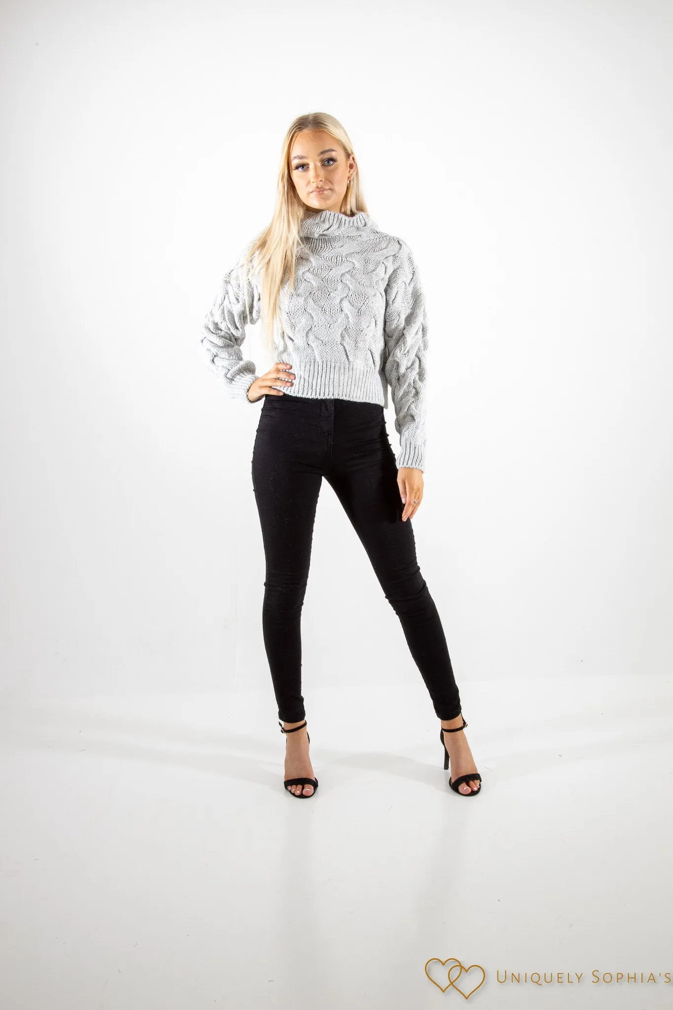 Grey high Neck Cable Knit Jumper
