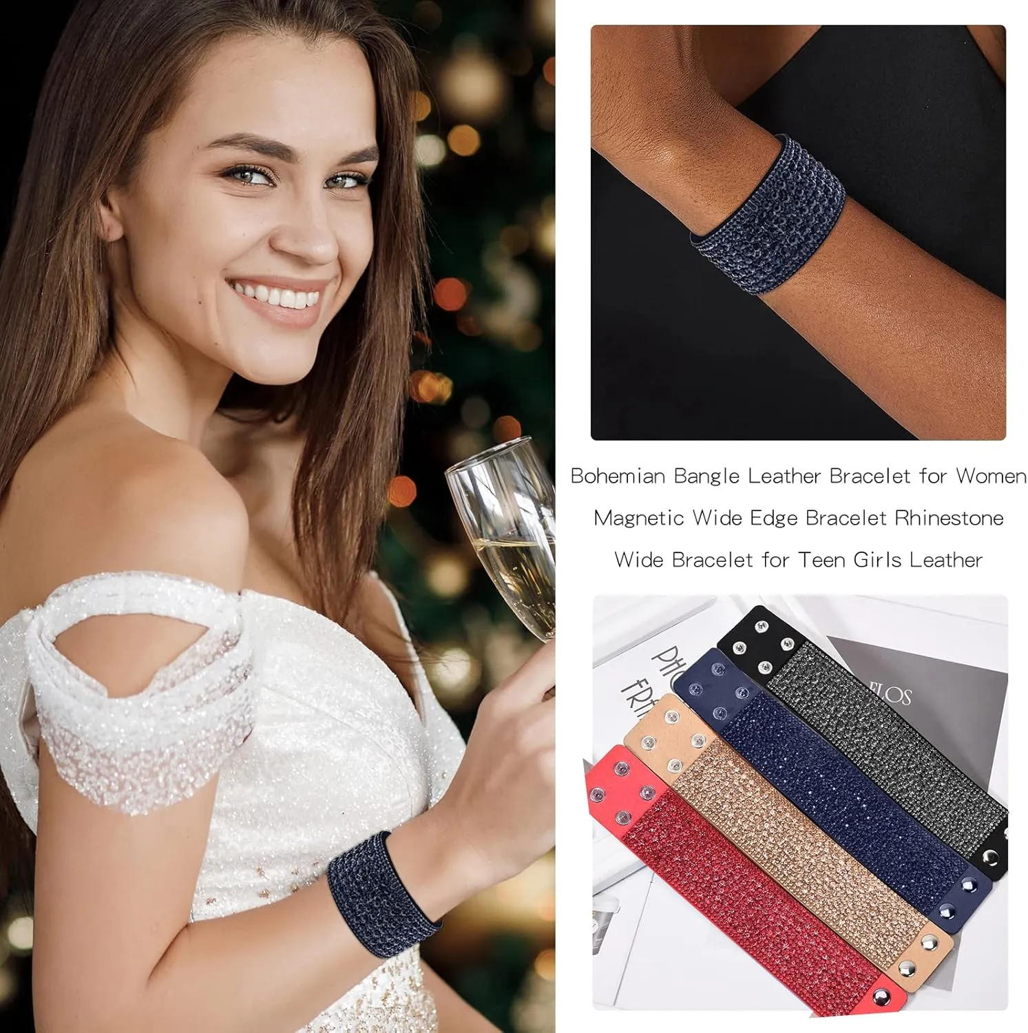 Long tiantian Bracelets for Women Trendy Boho Jewelry for Women Rhinestone Cuff Bangle Bracelets for Women Boho Leather Wrap Bracelets Christmas Gifts Stocking Stuffers