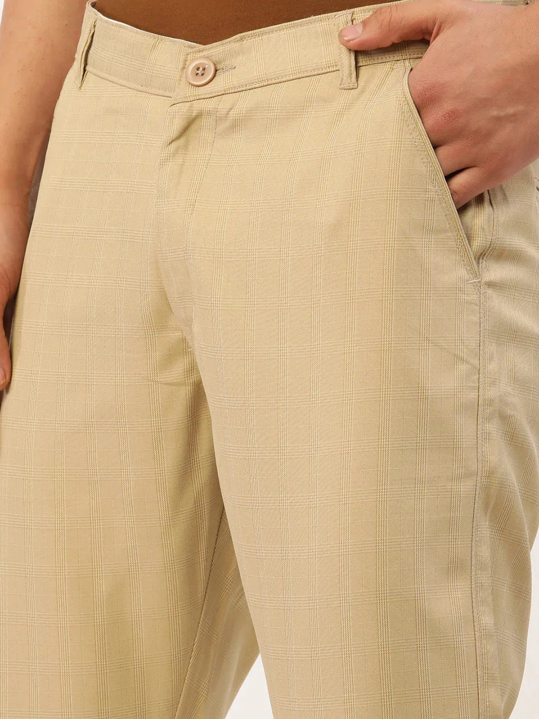 Men'S Beige Checked Formal Trousers