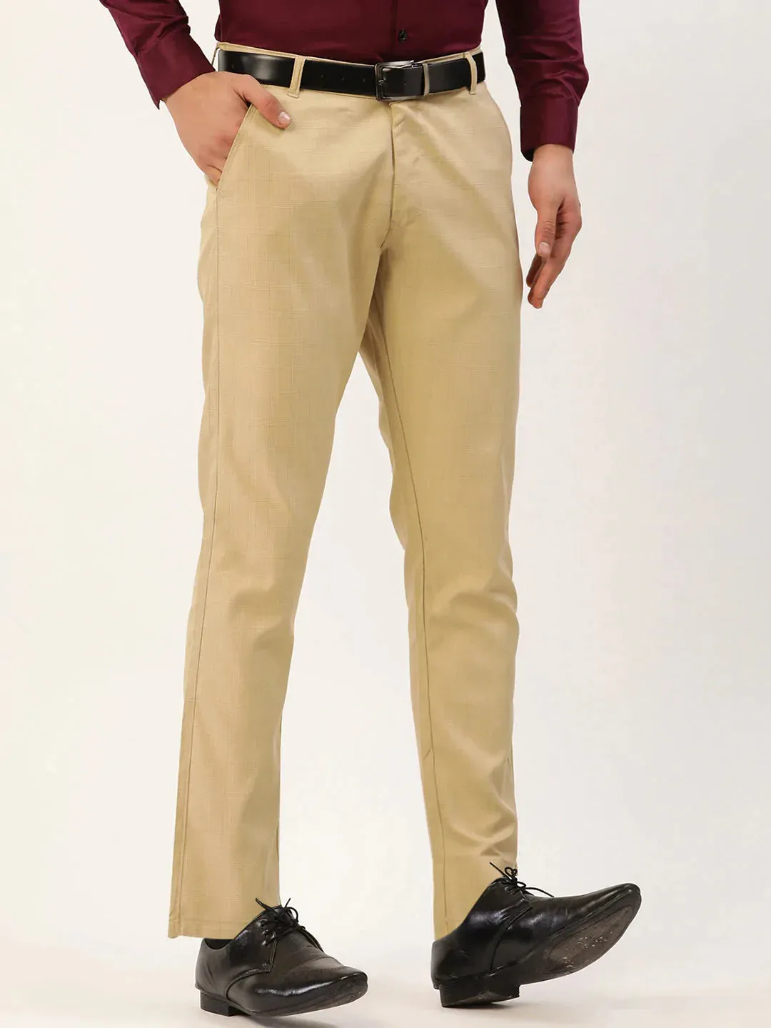 Men'S Beige Checked Formal Trousers