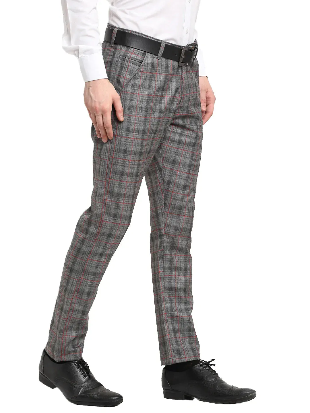 Men'S Grey Cotton Checked Formal Trousers