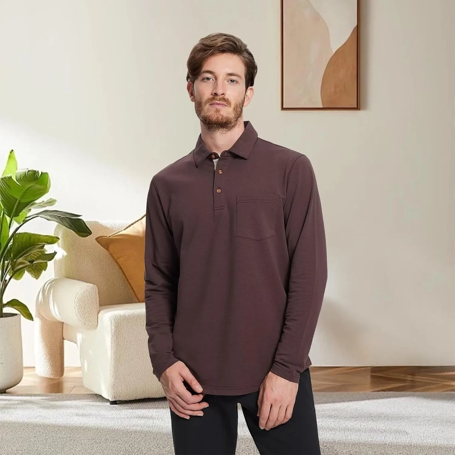 Mens Long and Short Sleeve Polo Shirts Pocket Casual Solid Cotton Blend Drop Cut Collared Polo Shirts for Men
