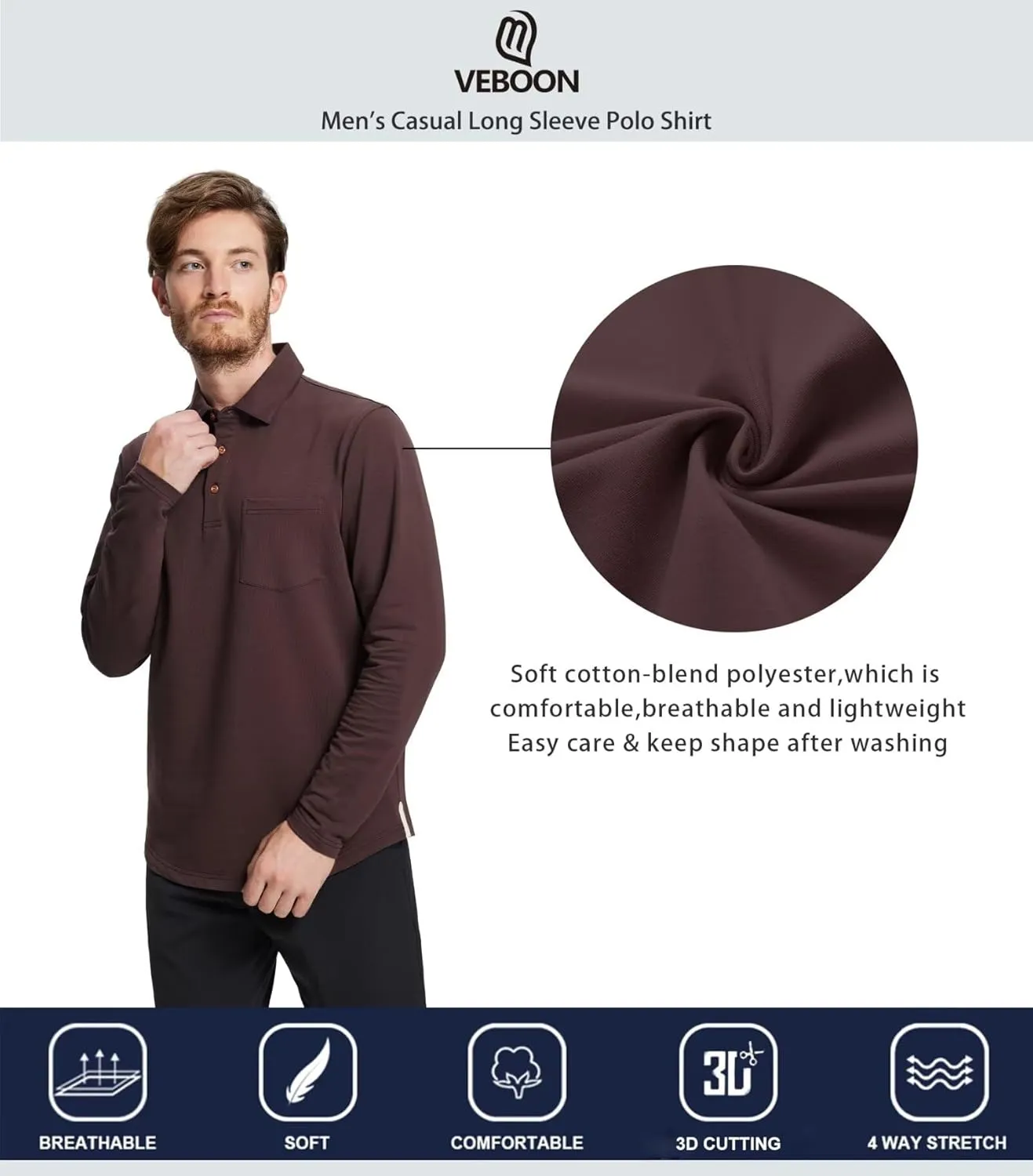 Mens Long and Short Sleeve Polo Shirts Pocket Casual Solid Cotton Blend Drop Cut Collared Polo Shirts for Men