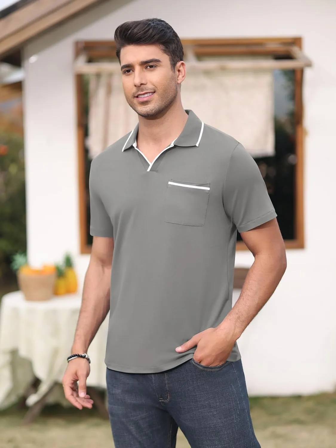 Men's Polo Shirt Short Sleeve V Neck Casual Classic Lightweight Tees Golf Cotton Stylish T-Shirt with Pocket