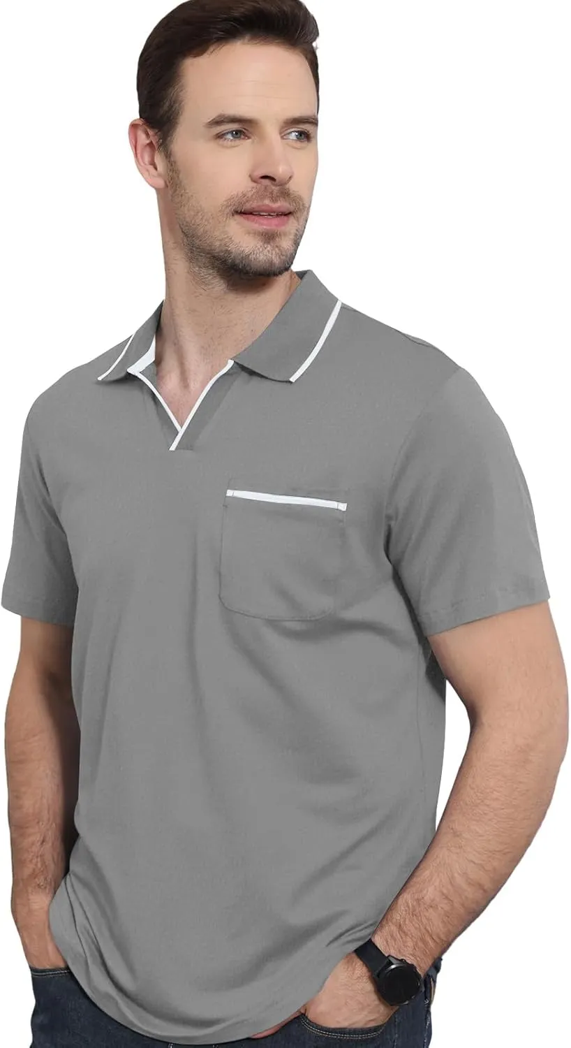 Men's Polo Shirt Short Sleeve V Neck Casual Classic Lightweight Tees Golf Cotton Stylish T-Shirt with Pocket