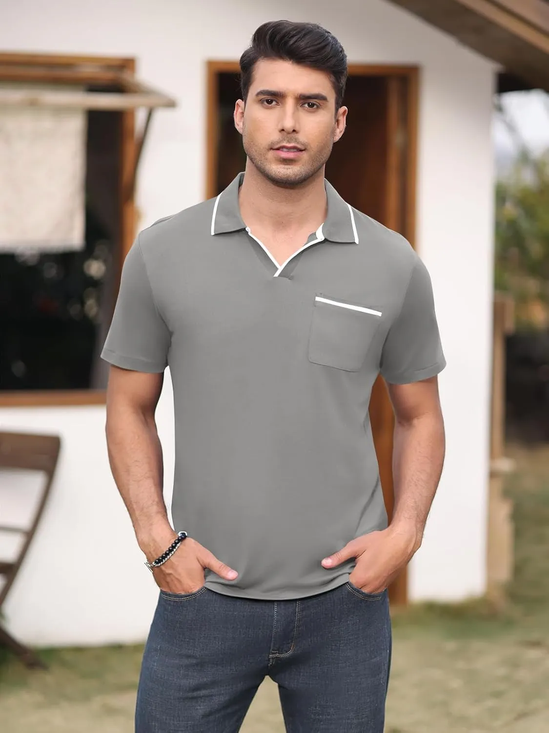 Men's Polo Shirt Short Sleeve V Neck Casual Classic Lightweight Tees Golf Cotton Stylish T-Shirt with Pocket