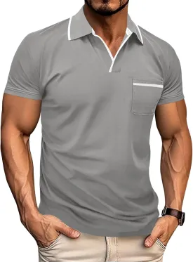 Men's Polo Shirt Short Sleeve V Neck Casual Classic Lightweight Tees Golf Cotton Stylish T-Shirt with Pocket