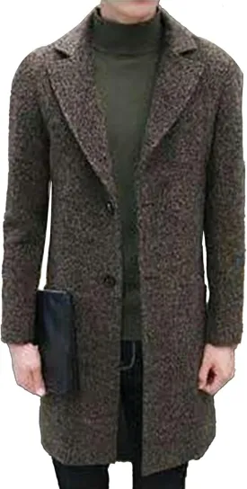 Men's Wool Blend Trench Coat Notched Collar Single Breasted Overcoat Chunky Warm Winter Pea Coat Windbreaker