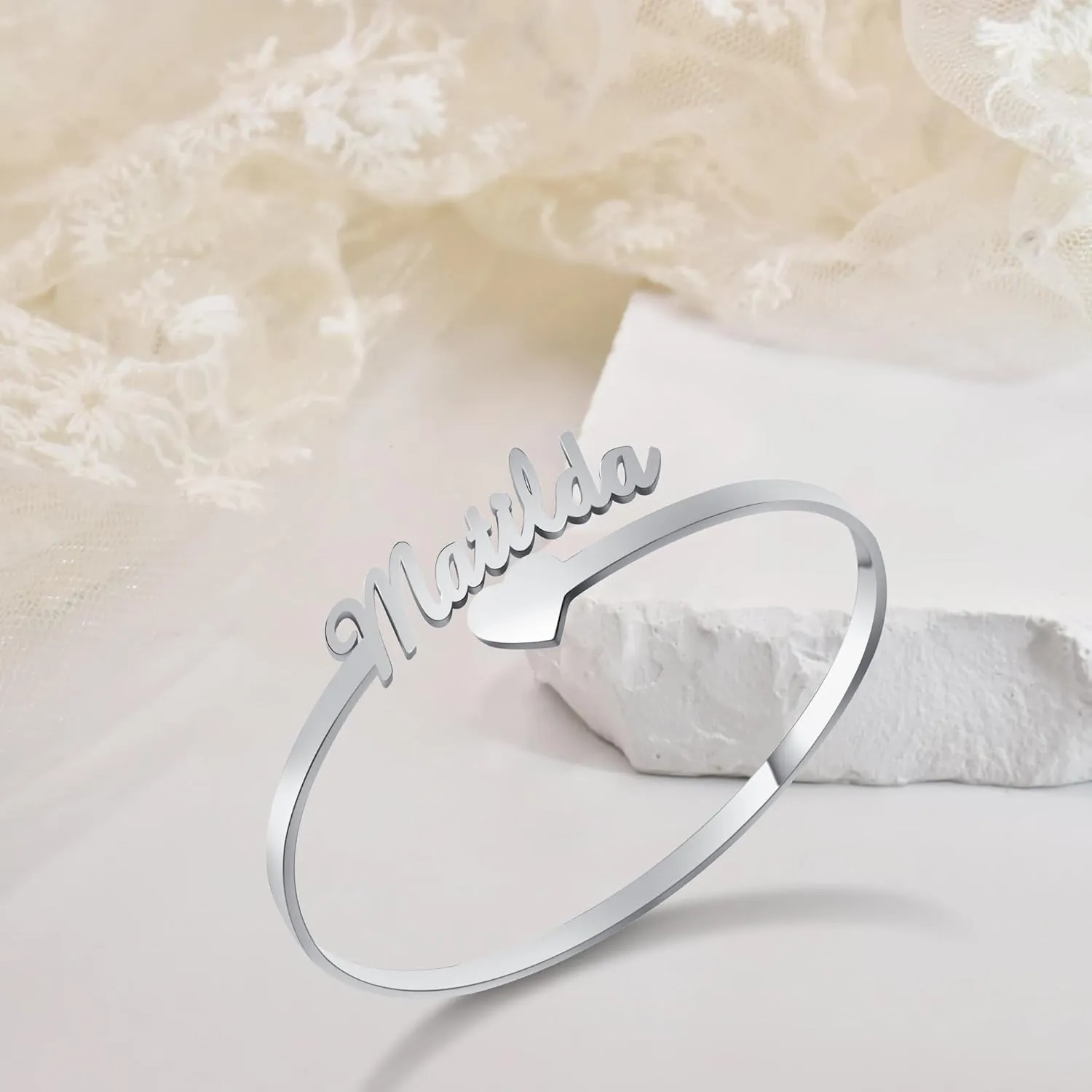 Personalized Name Bracelet Engraved Heart Custom Name Plated Open Cuff Bangle Bracelets for Women Girls