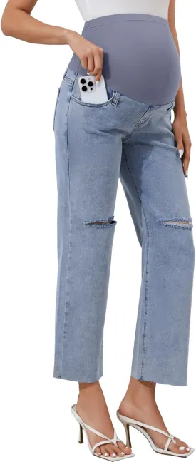POSHGLAM Women's Maternity Jeans Straight Leg Over Belly Comfy Stretch Denim Pants, S-XXL