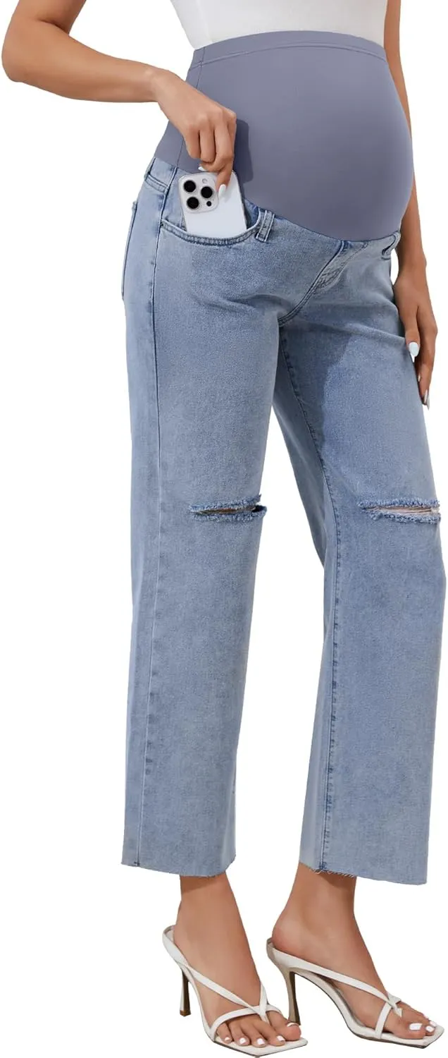 POSHGLAM Women's Maternity Jeans Straight Leg Over Belly Comfy Stretch Denim Pants, S-XXL