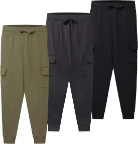 Real Essentials 3 Pack: Boys Fleece Cargo Jogger Sweatpants Athletic Workout Kids Pocket and Drawstring Size 4-18