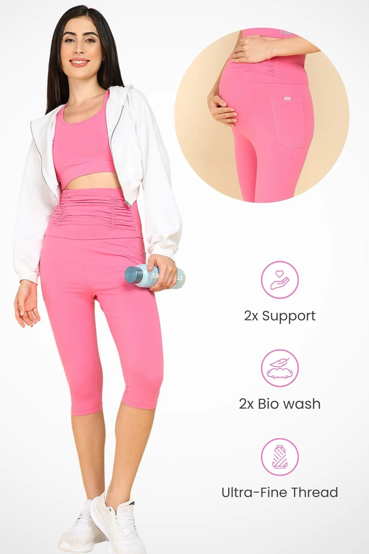 Ruched Cotton Pink Maternity Capri (Pregnancy & Postpartum)