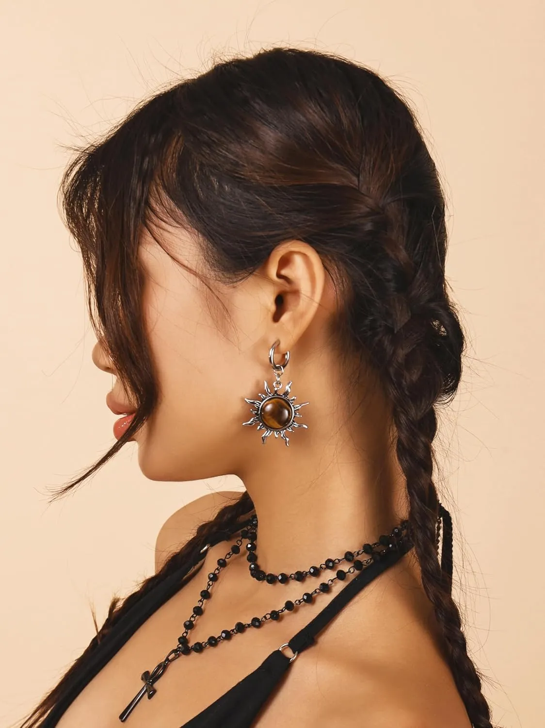 Sacina Black Brown Sun Crystal Hoop Earrings, Gothic Boho Earrings, Goth Jewelry, Christmas Jewelry Gift for Women