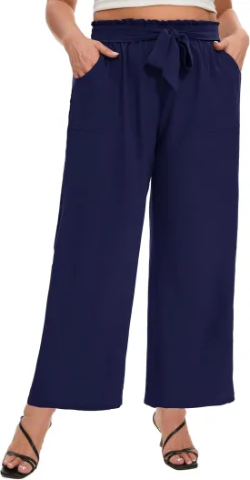 SEKINO Women's Plus Size Wide Leg Pants Loose Casual Flowy Pants Adjustable Knot Belted Lounge Beach Pants with Pockets