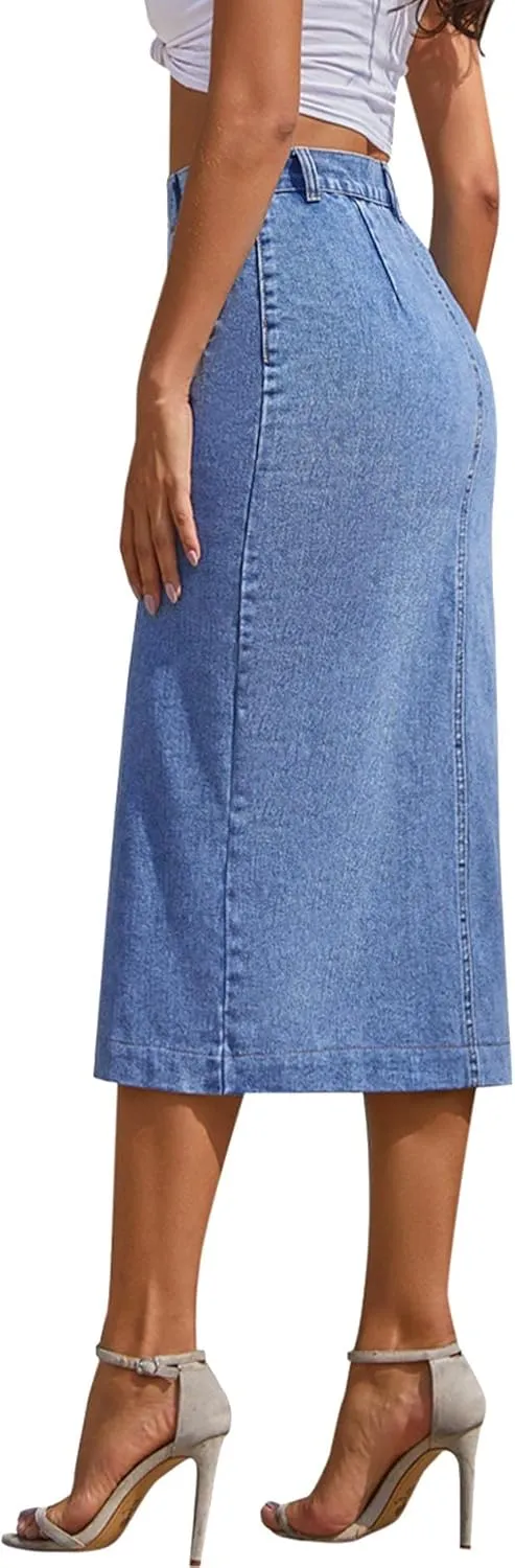 Sexyshine Women's High Waist Midi Denim Skirt Chic Side Button Up High Slit Bodycon Jean Pencil Dress