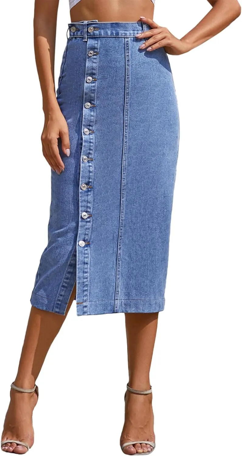 Sexyshine Women's High Waist Midi Denim Skirt Chic Side Button Up High Slit Bodycon Jean Pencil Dress