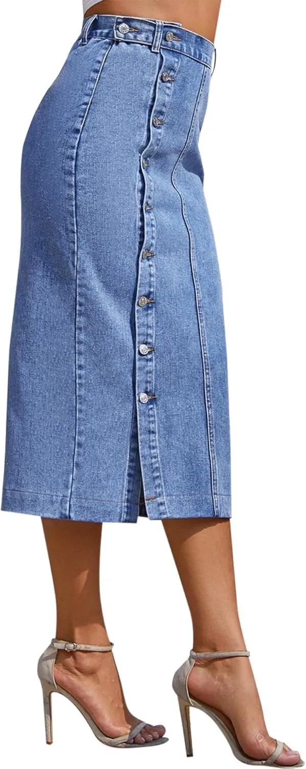 Sexyshine Women's High Waist Midi Denim Skirt Chic Side Button Up High Slit Bodycon Jean Pencil Dress