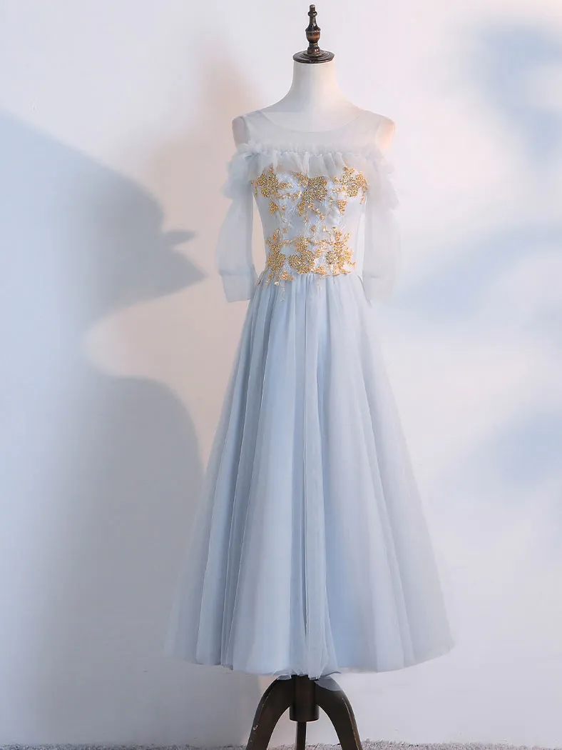 Simple Tulle Lace Gray Prom Dresses, Tea Length Lace Bridesmaid Dresses